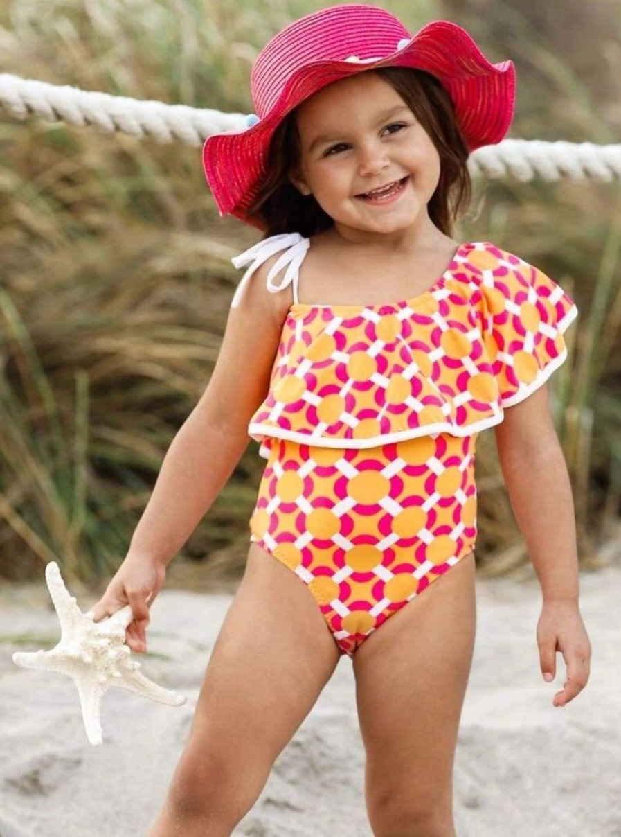 Kids Swimsuits | Girls One Shoulder Ruffle Printed One Piece Swimsuit