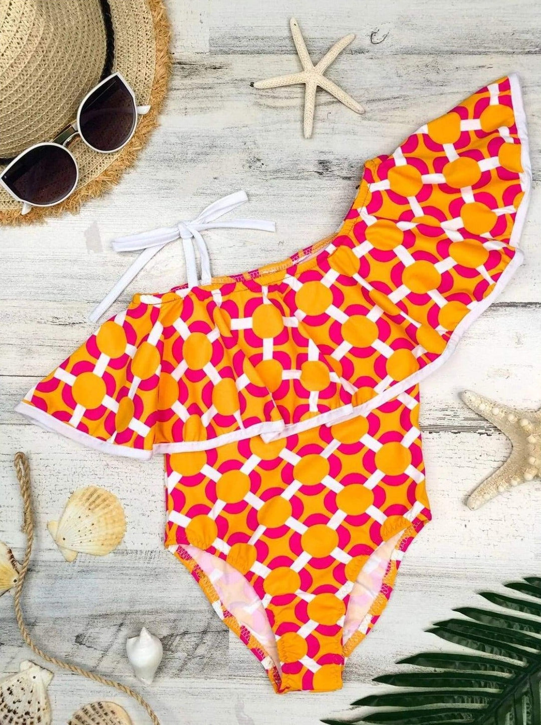 Kids Swimsuits | Girls One Shoulder Ruffle Printed One Piece Swimsuit