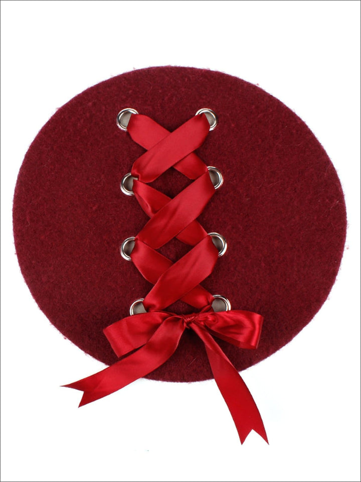 Girls Parisian Style Satin Lace Up Beret - Red - Girls Berets