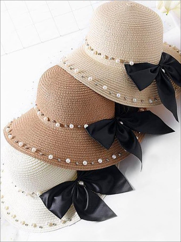 Girls Pearl And Bow Embellished Straw Hat Accessories Mia Belle Girls