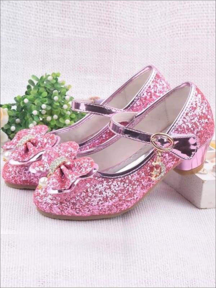 Girls Pearl Embellished Bow Tie Mary Jane Glitter Princess Shoes - Girls Flats