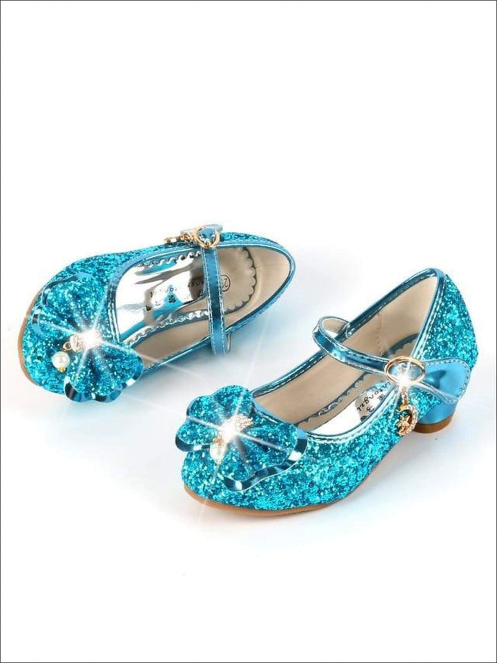 Girls Pearl Embellished Bow Tie Mary Jane Glitter Princess Shoes - Blue / 1 - Girls Flats