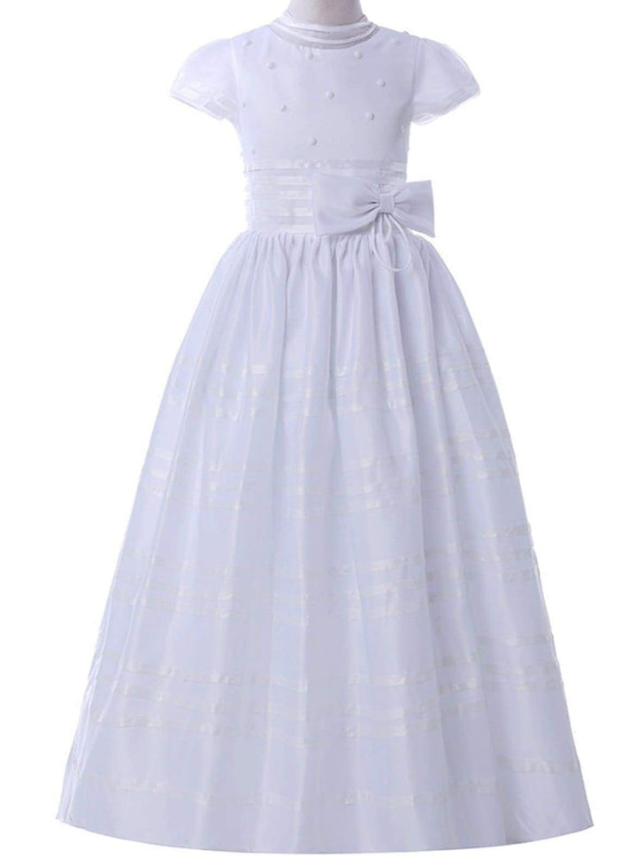 Mia Belle Girls Communion Dresses | Cap Sleeve Pearl Pleated Gown