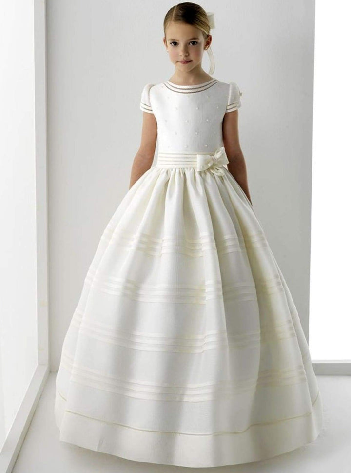 Mia Belle Girls Communion Dresses | Cap Sleeve Pearl Pleated Gown