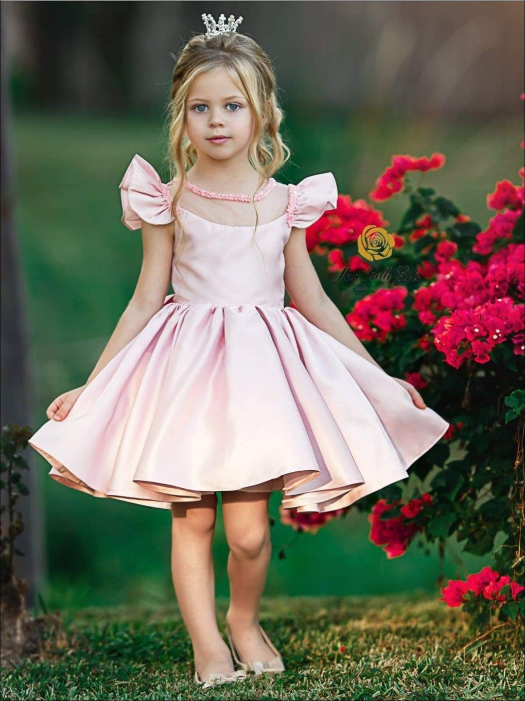 Mia Belle Girls Formal Dresses | Pink Flutter Sleeve Pleated Dress