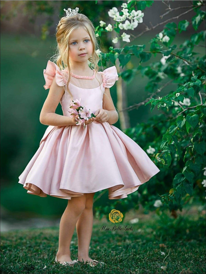 Mia Belle Girls Formal Dresses | Pink Flutter Sleeve Pleated Dress