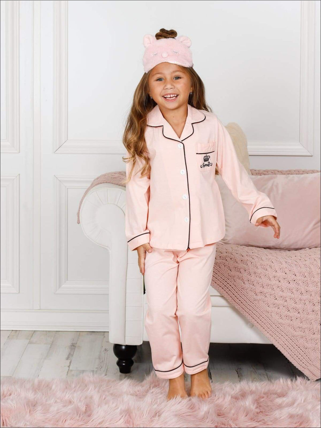 Girls Pink Cotton Embroidered Long Sleeve Pajama Set - Girls Pajama