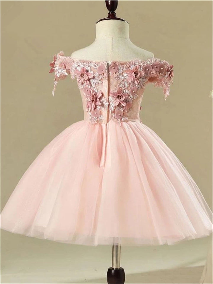 Girls Pink Off the Shoulder Floral Embroidered Pearl Tutu Flower Girl & Special Occasion Party Dress - Girls Spring Dressy Dress