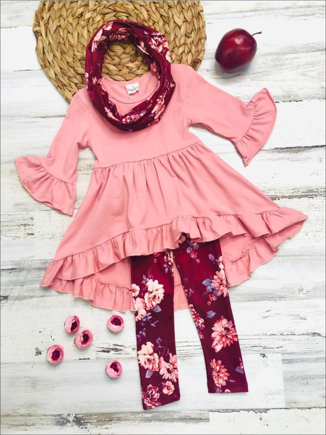 Girls Pink Ruffled 3/4 Sleeve Hi-Lo Tunic Floral Leggings & Scarf Set - Burgundy / 3T - Girls Fall Casual Set