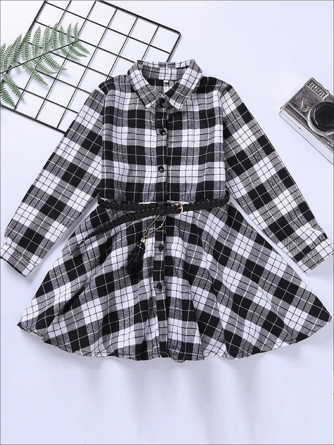 Plaid Fad Belted A-Line Dress - Black/ 3T - Mia Belle Girls