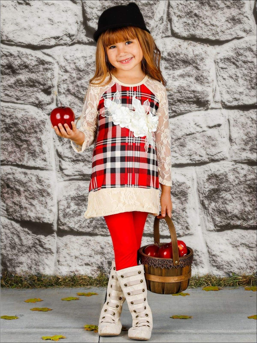 Girls Plaid Lace Trimmed Raglan Sleeve Tunic & Leggings Set - Girls Fall Casual Set