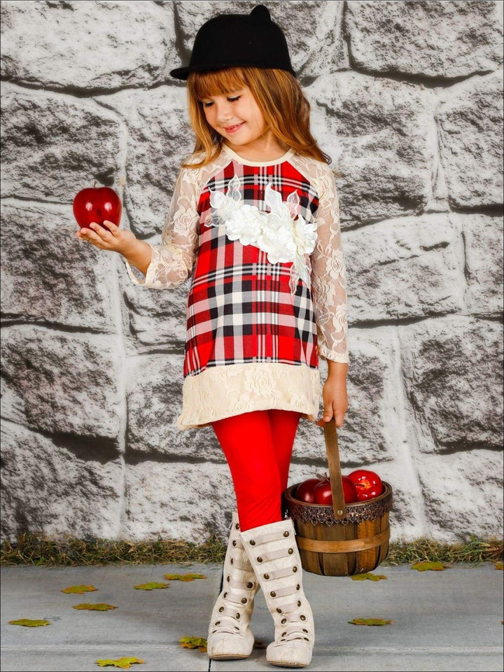 Girls Plaid Lace Trimmed Raglan Sleeve Tunic & Leggings Set - Red / 2T/3T - Girls Fall Casual Set