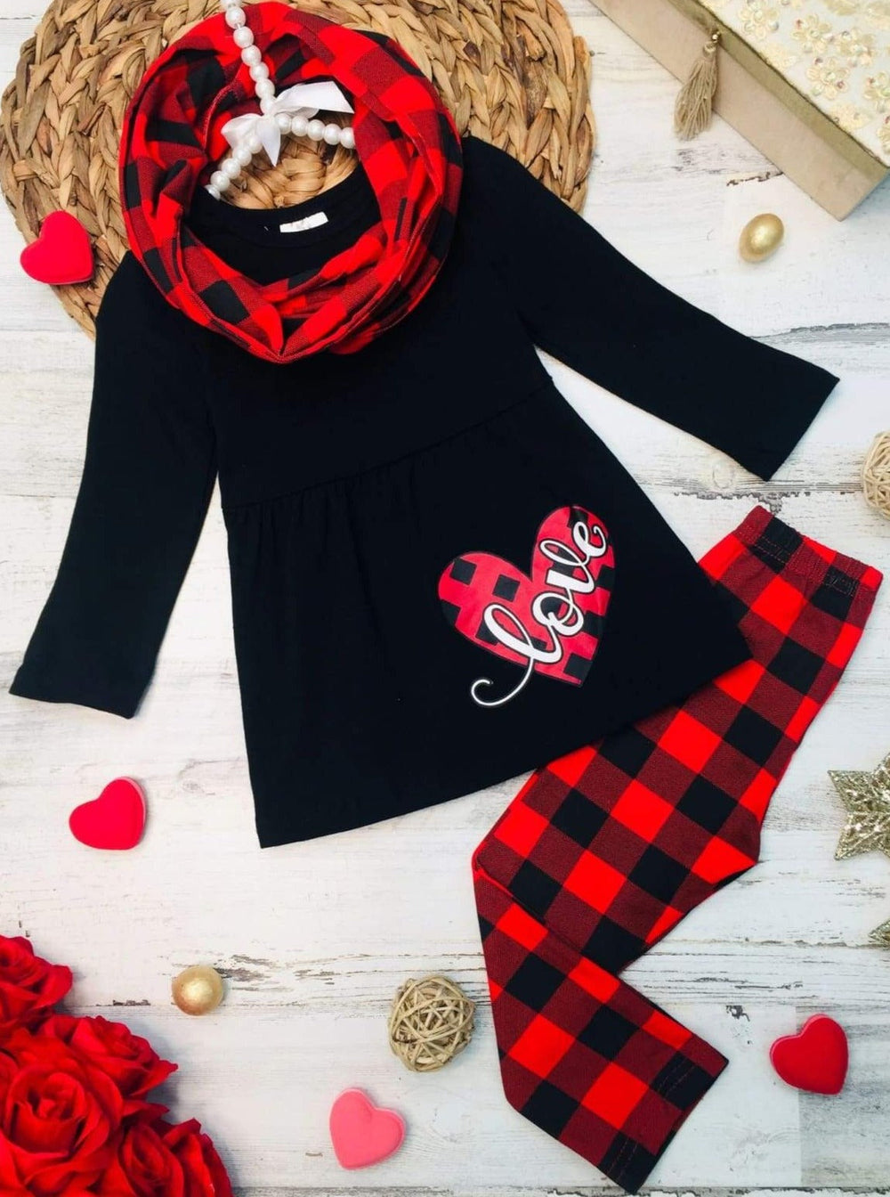 Valentine's Outfit | Girls Heart Plaid Heart Tunic, Scarf & Legging Set