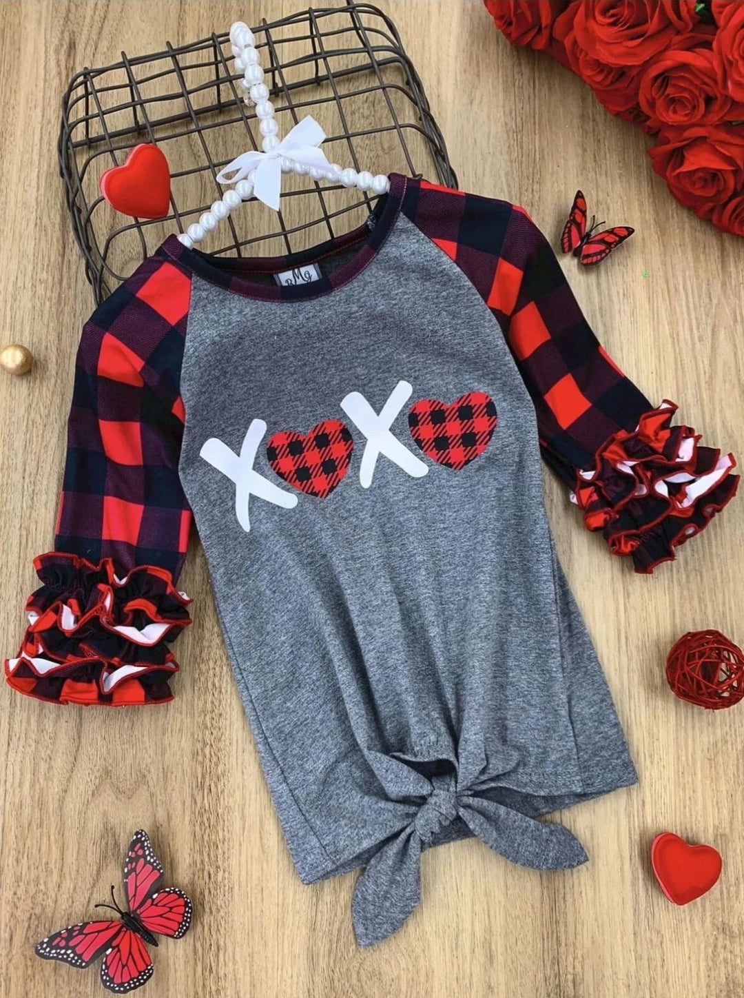 Girls Plaid Ruffled Heart XOXO Knot Top - 2T / Grey - Girls Valentine's Day Top