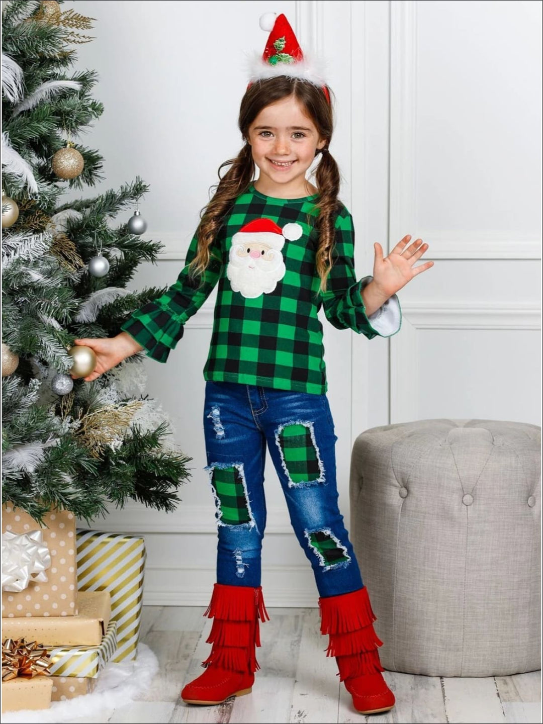 Cute Winter Denim Sets | Girls Santa Face Plaid Patched Jeans Set