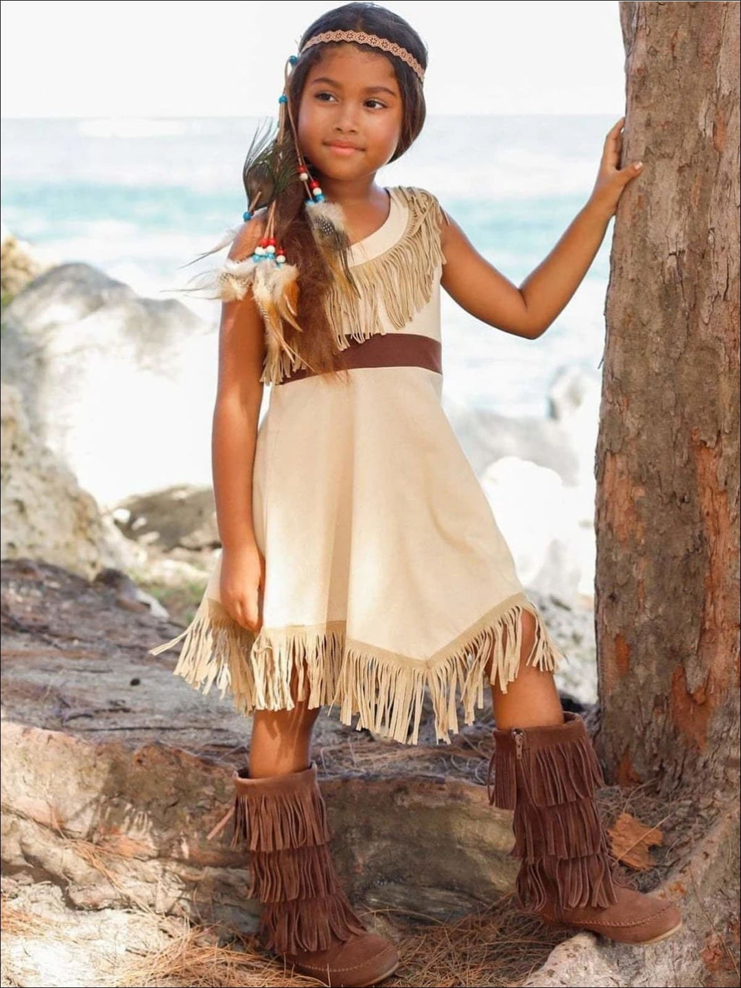 Girls Pocahontas Inspired Bohemian One Shoulder Fringe Halloween Costume - Girls Halloween Costume