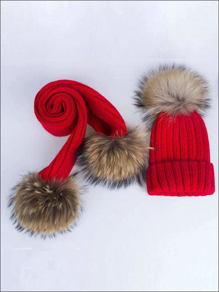 Girls Pom Pom Knitted Hat and Scarf - Girls Hats