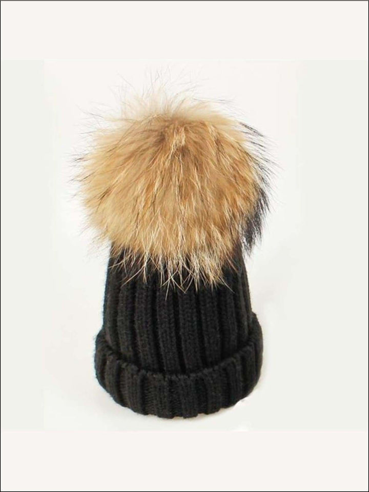 Girls Pom Pom Knitted Hat - Black - Girls Hats