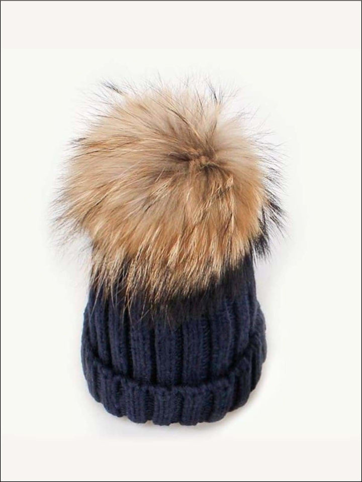 Girls Pom Pom Knitted Hat - Blue - Girls Hats