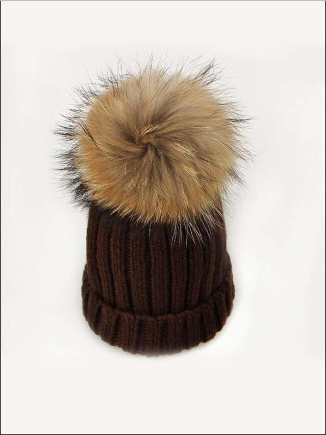 Girls Pom Pom Knitted Hat - Brown - Girls Hats