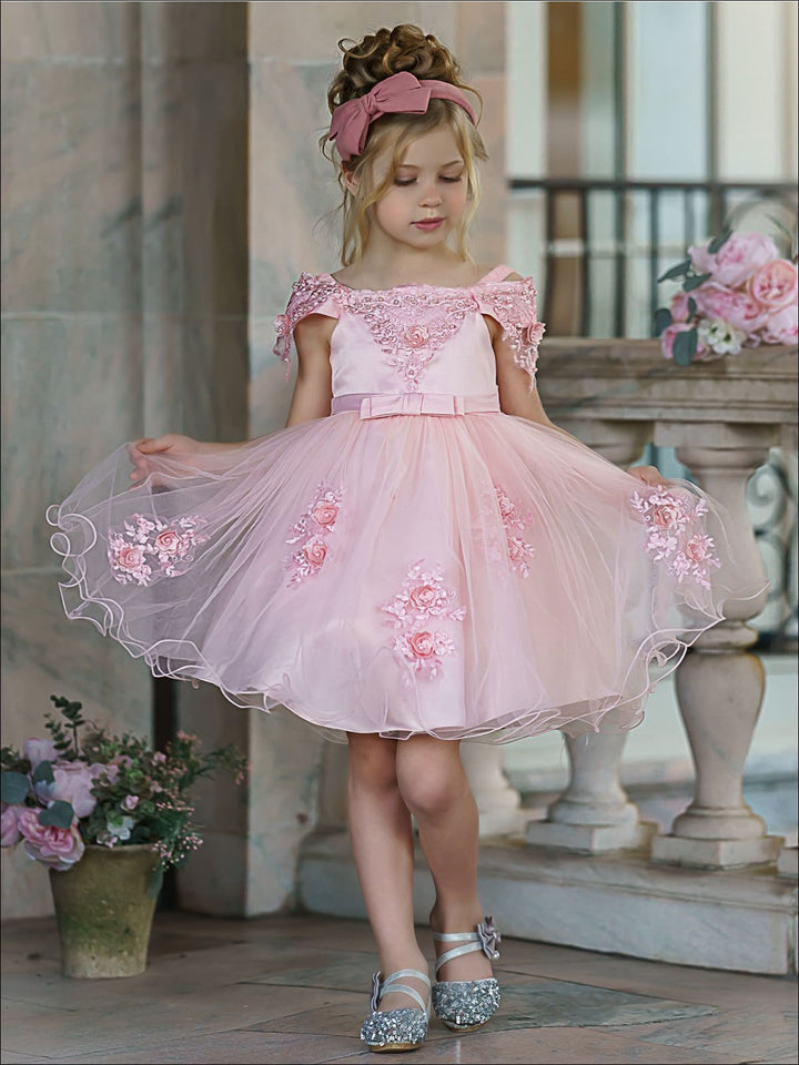 Girls Formal Dresses | Pink Floral Embellished Tulle Princess Dress