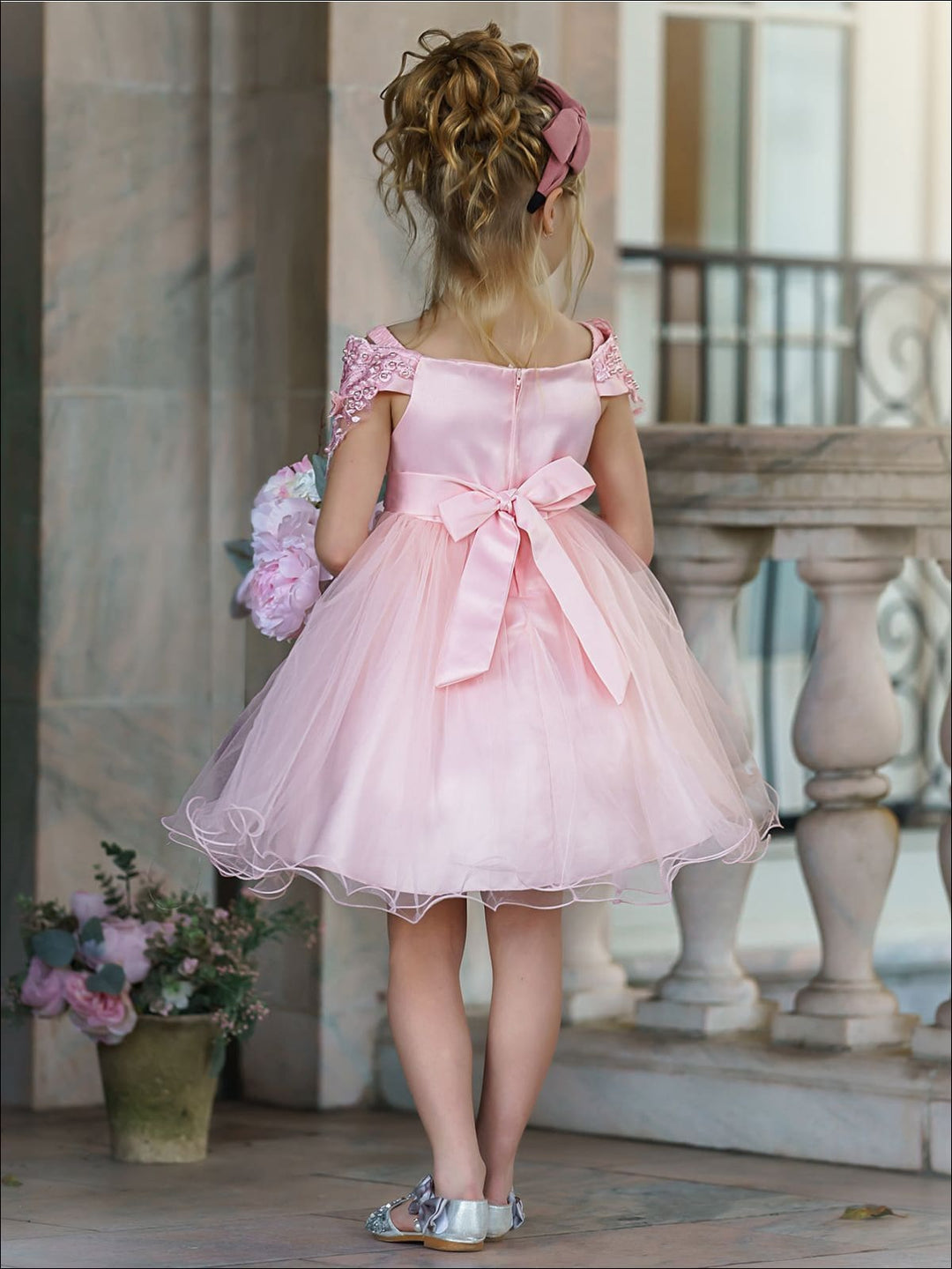 Girls Formal Dresses | Pink Floral Embellished Tulle Princess Dress