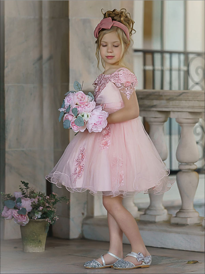 Girls Formal Dresses | Pink Floral Embellished Tulle Princess Dress