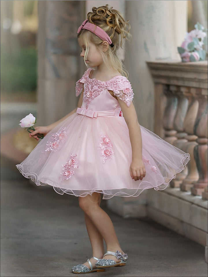 Girls Formal Dresses | Pink Floral Embellished Tulle Princess Dress