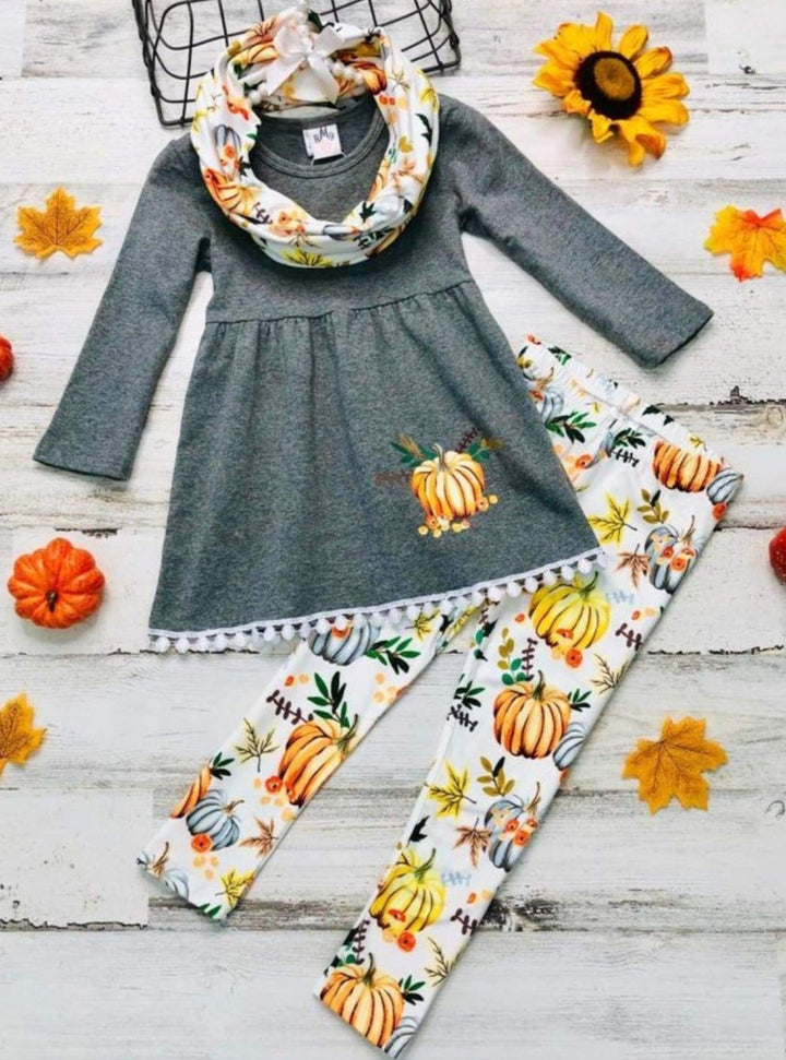 Cute Outfits For Girls | Fall Pumpkin Tunic, Legging & Scarf Set