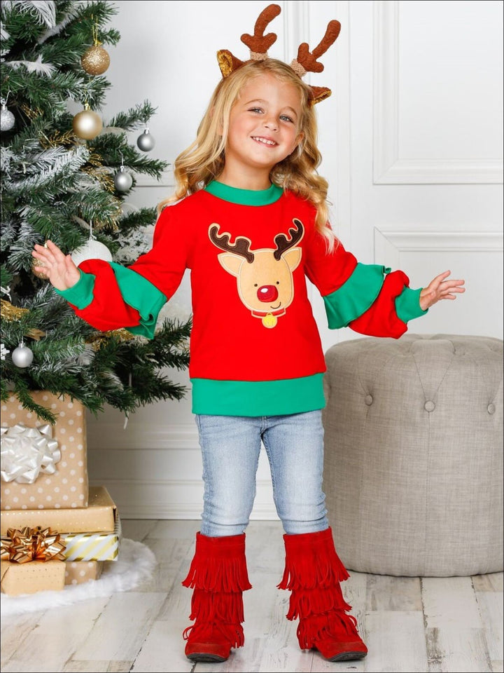 Winter Tops | Girls Rudolph Ruffle Tiered Sleeve Holiday Sweatshirt