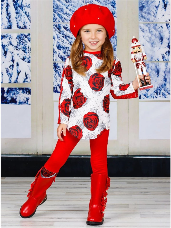 Kids Valentine's Clothes | Rose Print Lace Top & Matching Legging Set