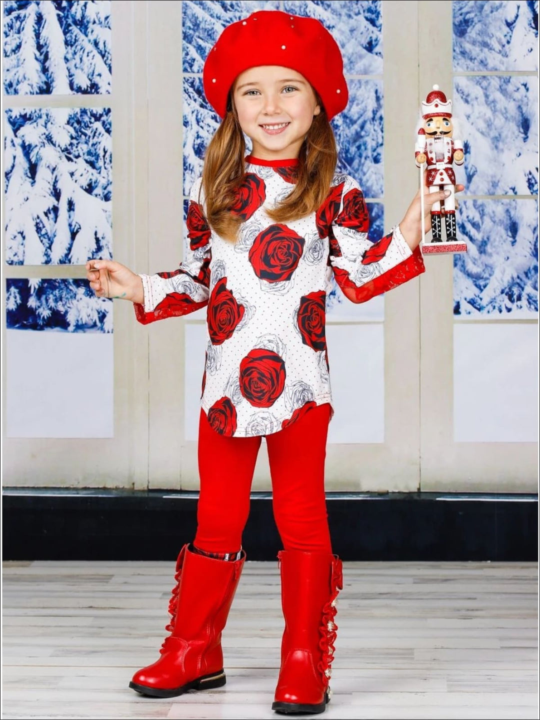 Kids Valentine's Clothes | Rose Print Lace Top & Matching Legging Set