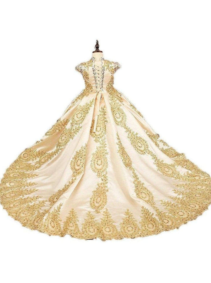 Little Girls Formal Gowns | Gold Sequin Satin Lace Beaded Ball Gown