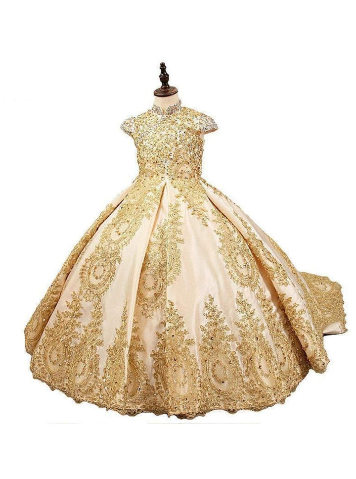 Girls Royal Satin Lace Beaded Short Sleeve Communion Pageant Flower Girl Ball Gown - Girls Gown