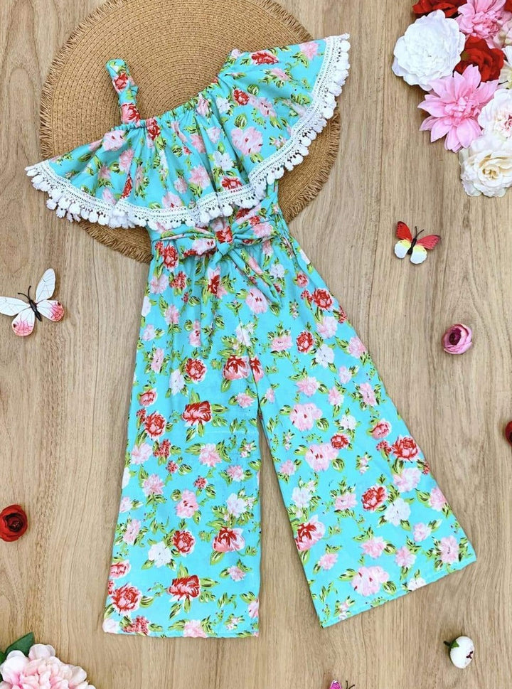 Girls Spring Outfits | Ruffle Crochet Trim Sash One Shoulder Jumpsuit