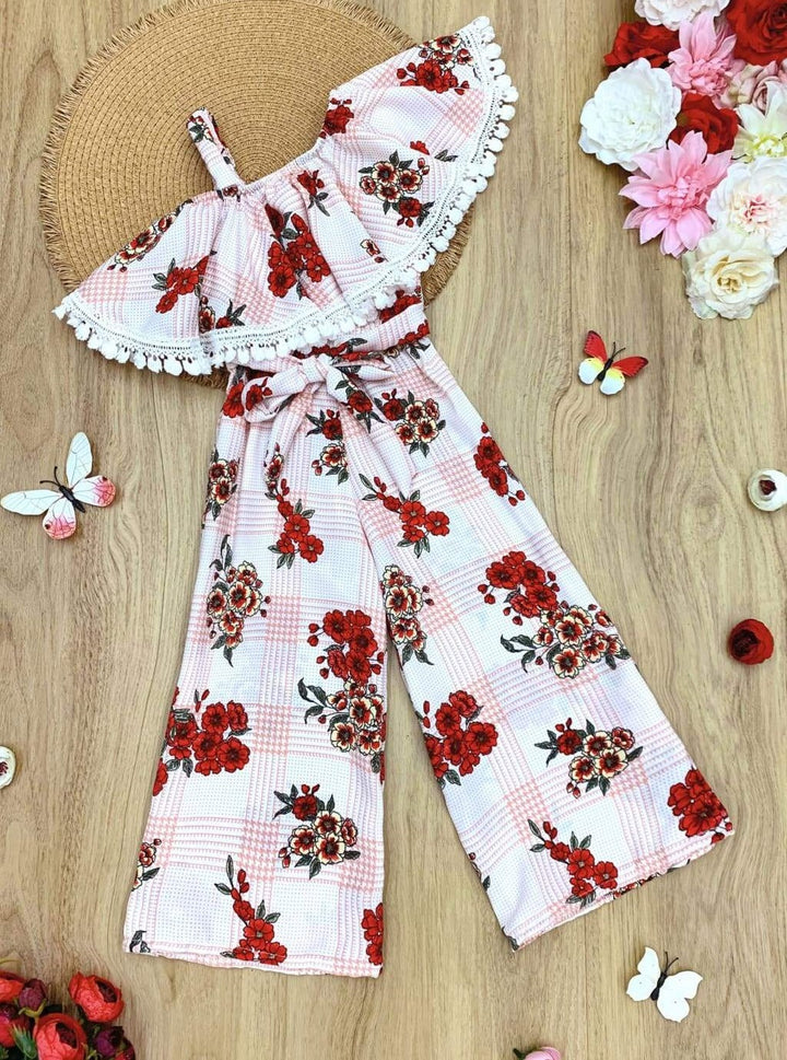 Girls Spring Outfits | Ruffle Crochet Trim Sash One Shoulder Jumpsuit