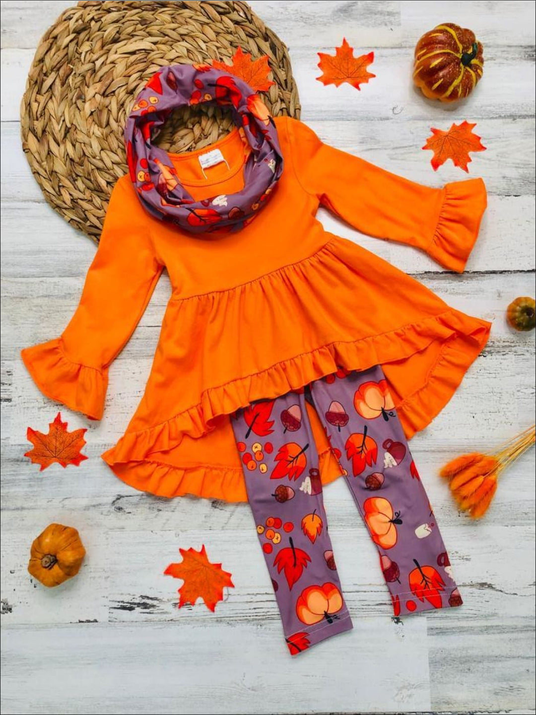 Girls Ruffled 3/4 Sleeve Hi Lo Tunic Pumpkin Print Leggings & Scarf Set - Orange / 3T - Girls Fall Casual Set