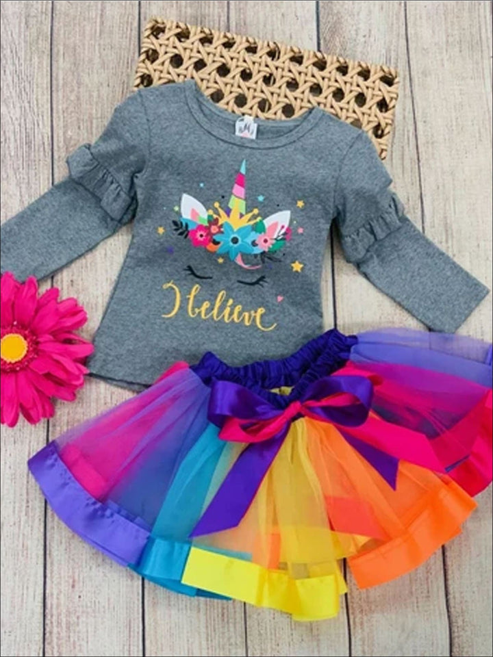 Girls Ruffled Floral I Believe Unicorn Top & Rainbow Tutu Skirt Set - Girls Fall Casual Set