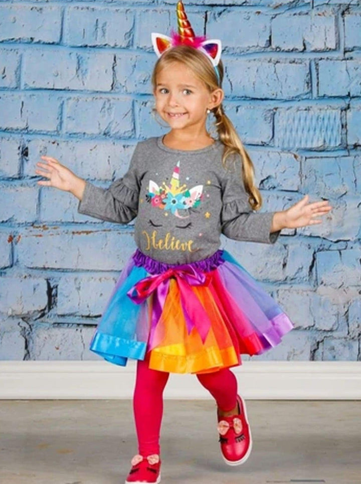 Girls Ruffled Floral I Believe Unicorn Top & Rainbow Tutu Skirt Set - Girls Fall Casual Set