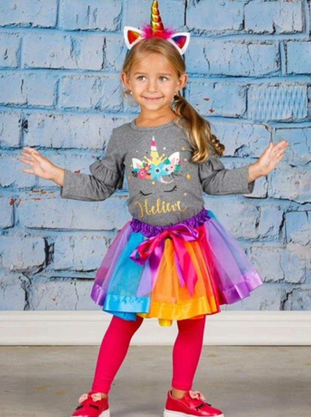 Girls Ruffled Floral I Believe Unicorn Top & Rainbow Tutu Skirt Set - Girls Fall Casual Set