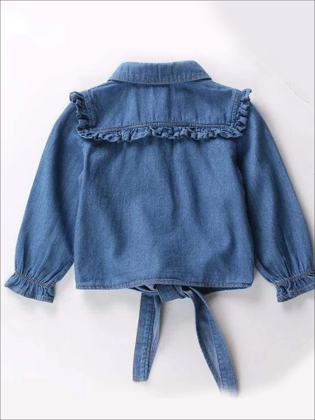 Knot Hem Ruffled Denim Blouse | Cowgirl Fashion | Mia Belle Girls