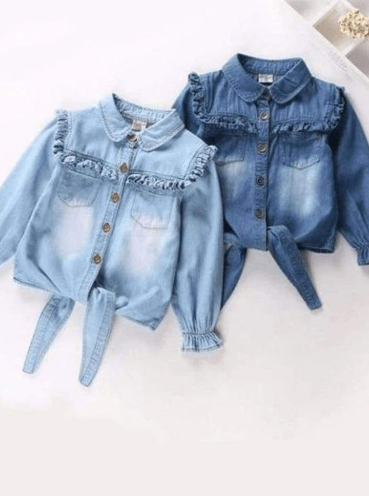 Knot Hem Ruffled Denim Blouse | Cowgirl Fashion | Mia Belle Girls