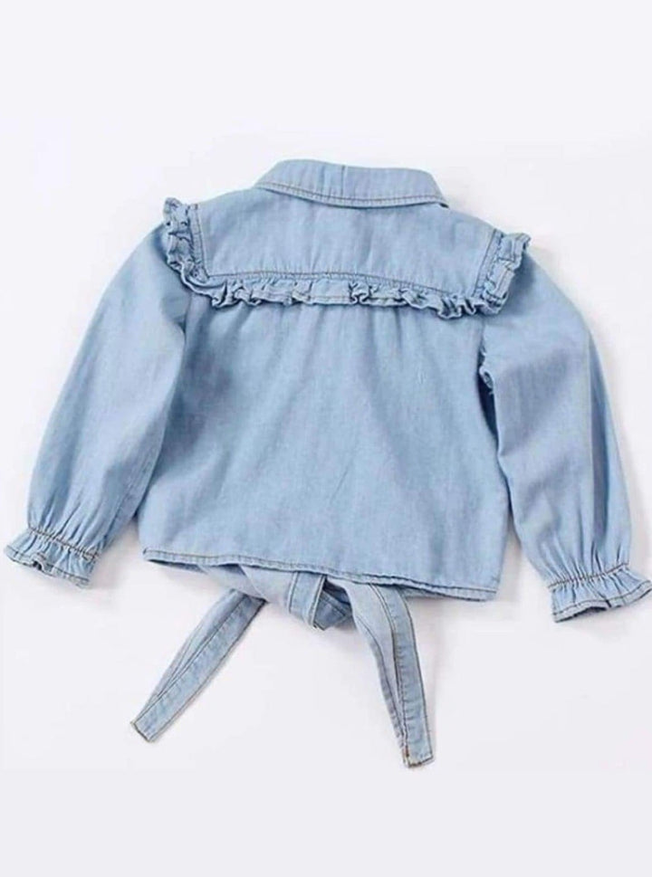 Knot Hem Ruffled Denim Blouse | Cowgirl Fashion | Mia Belle Girls