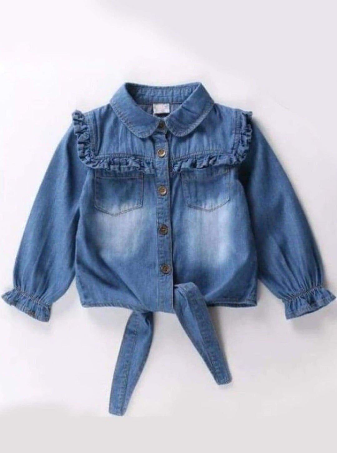 Knot Hem Ruffled Denim Blouse | Cowgirl Fashion | Mia Belle Girls