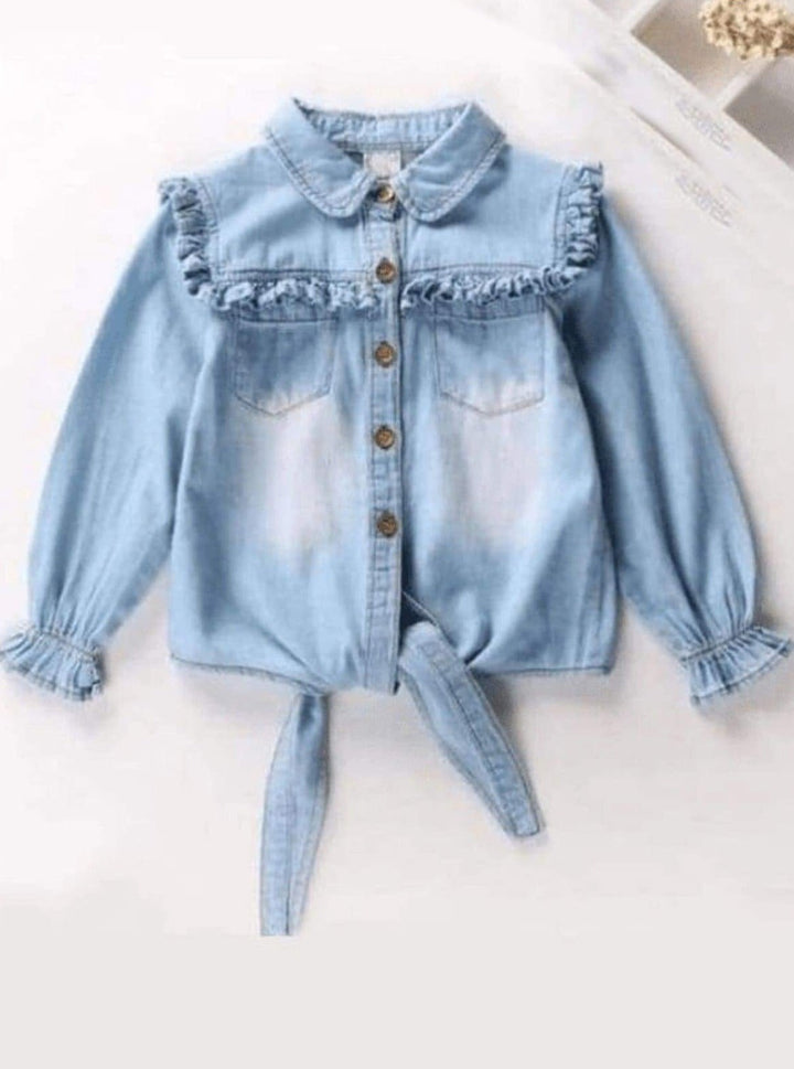 Knot Hem Ruffled Denim Blouse | Cowgirl Fashion | Mia Belle Girls