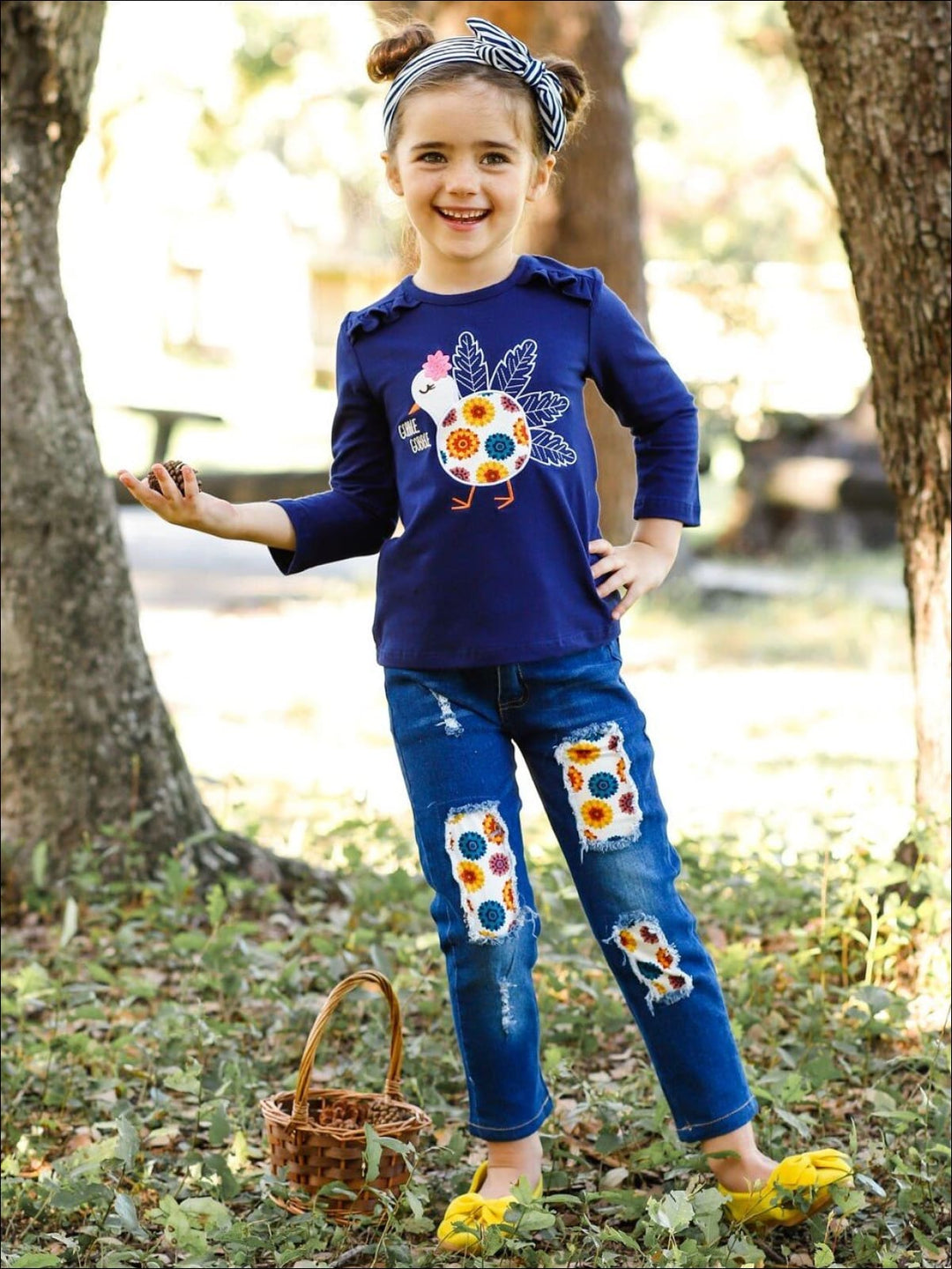 Girls Thanksgiving Turkey Top & Patched Jeans Set - Mia Belle Girls