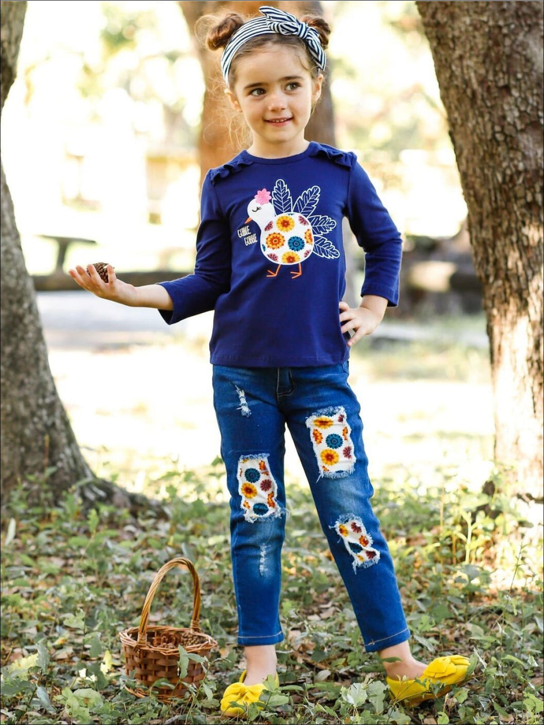 Little girls Thanksgiving long-sleeve top with ruffle shoulder accents, "Gobble Gobble" floral turkey graphic, and matching patched jeans - Mia Belle Girls