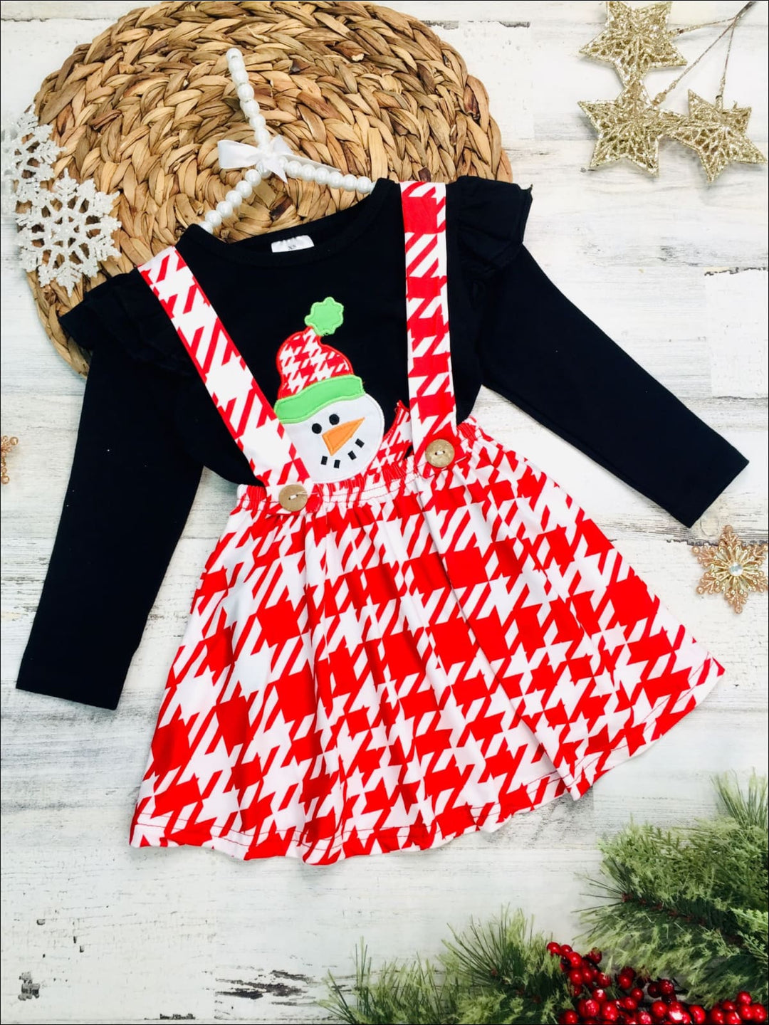 Girls Ruffled Shoulder Long Sleeve Applique Tunic & Printed Overall Dress Set - Girls Christmas Set