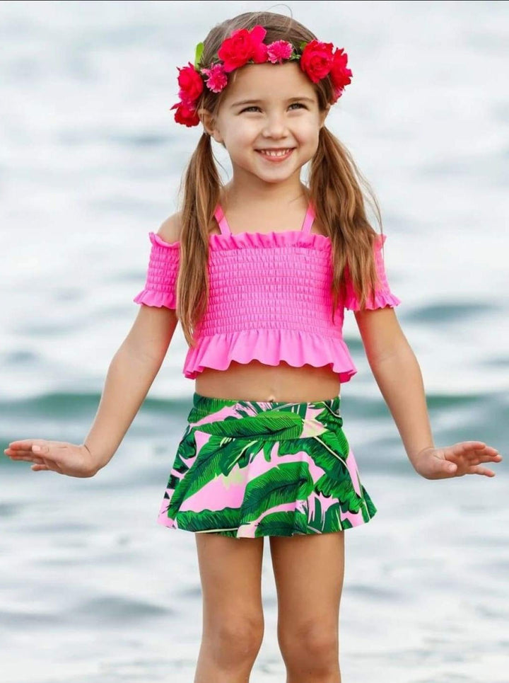 Kids Tropical Swimsuits | Girls Smock Top Tropical Two Piece Swimsuit