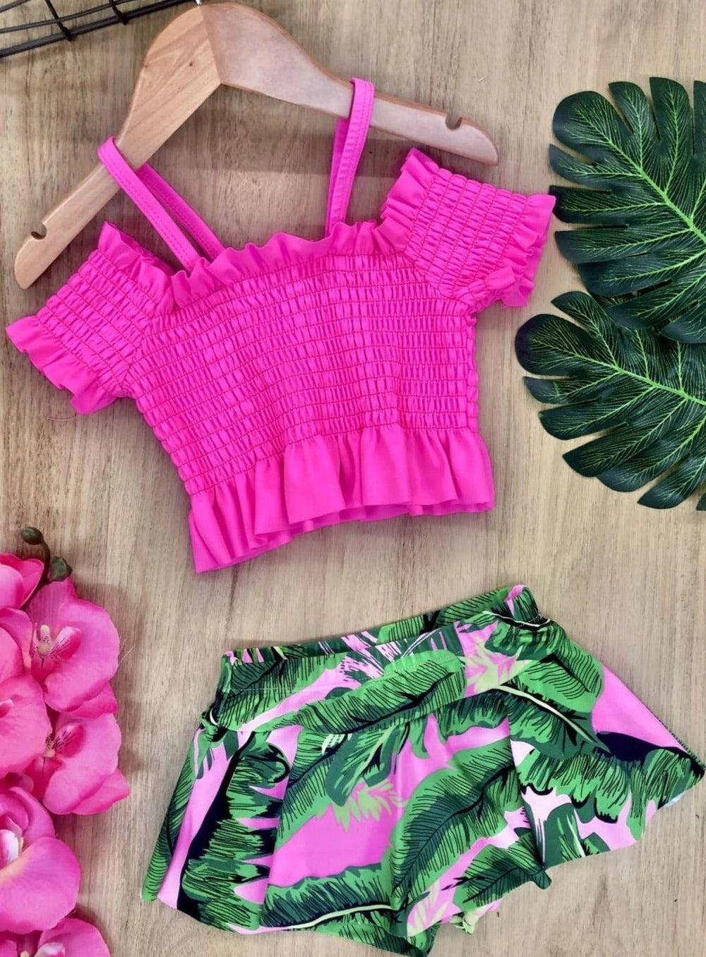 Kids Tropical Swimsuits | Girls Smock Top Tropical Two Piece Swimsuit